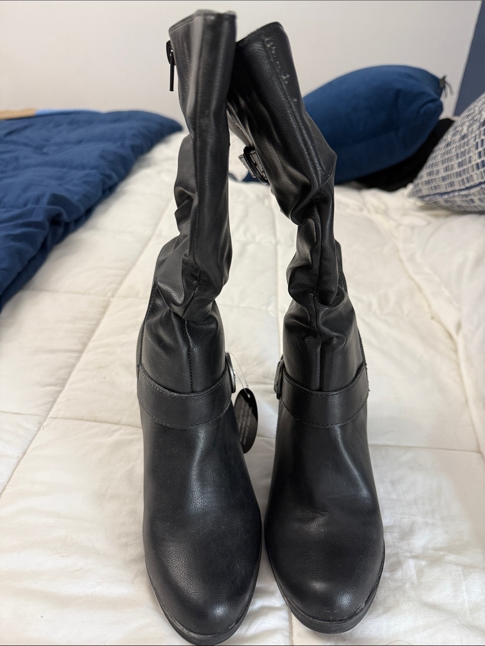 SACHI Black Mid-Calf Ruched Heeled Boots